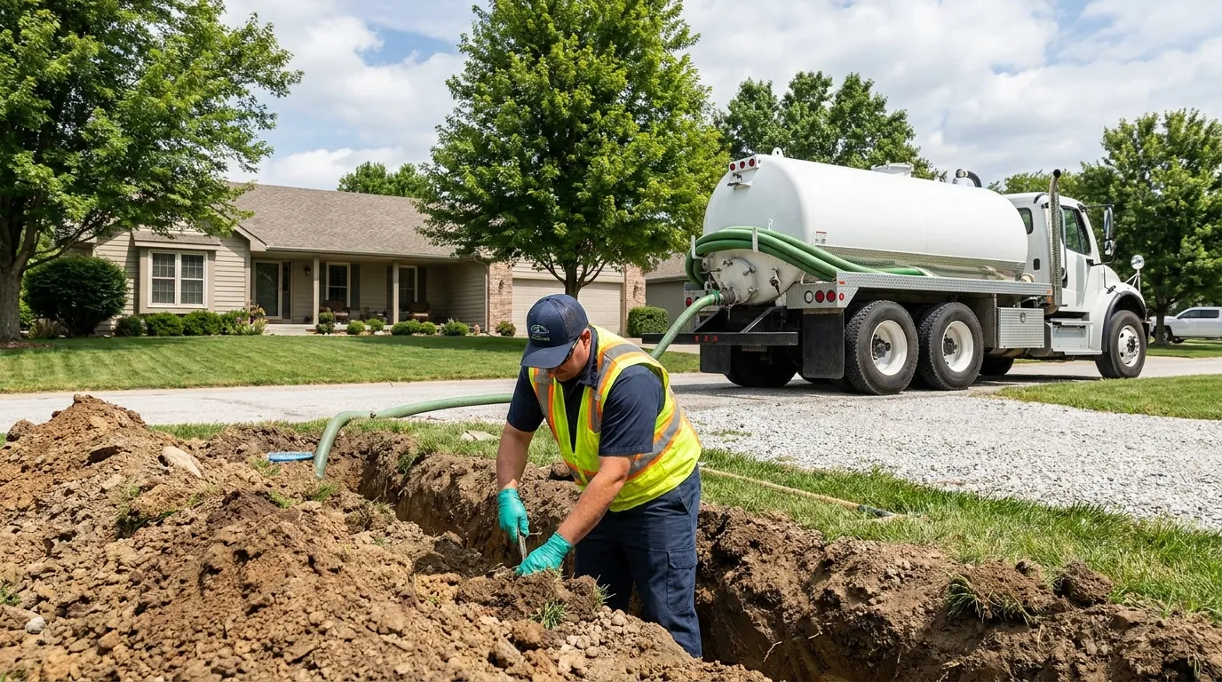 Drain field trench being serviced at an Omaha-area property