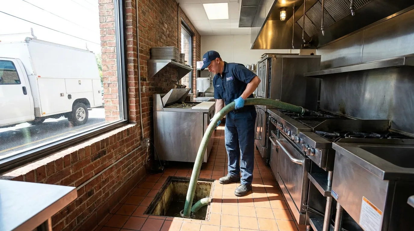 Grease trap being pumped at an Omaha-area commercial kitchen