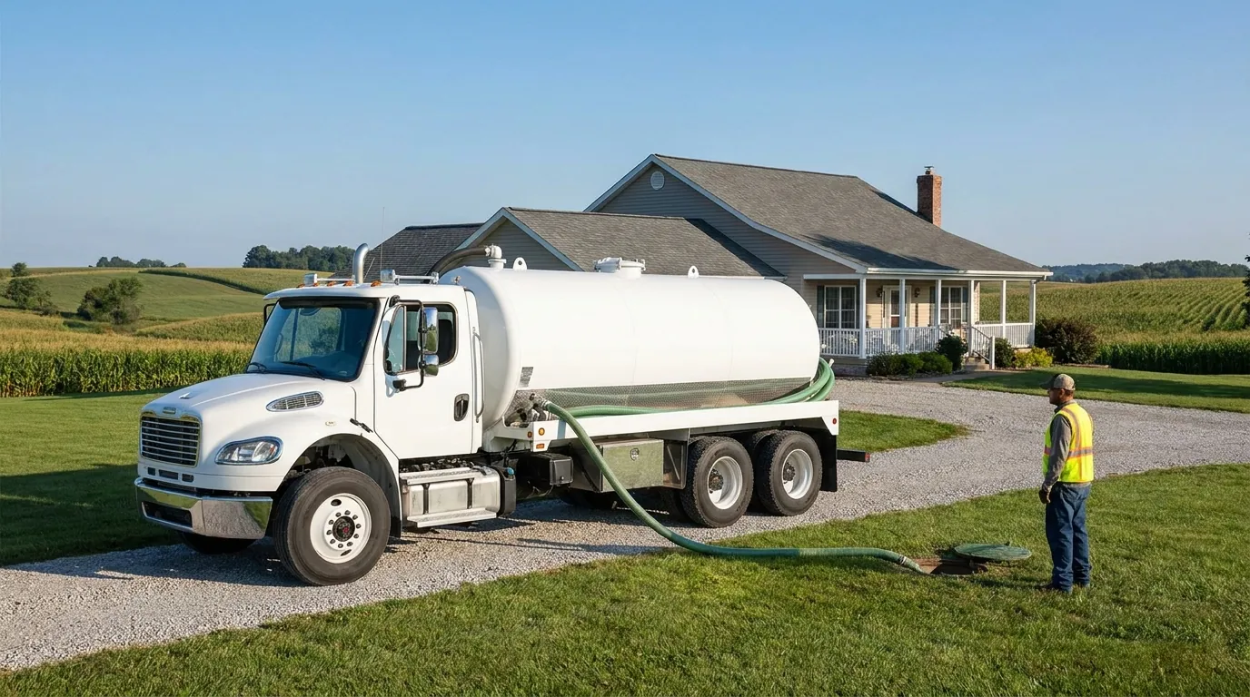 Septic pumping truck working at a rural Omaha-area home