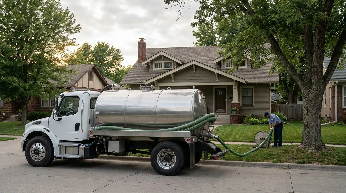 Vacuum truck responding to a septic backup at an Omaha home