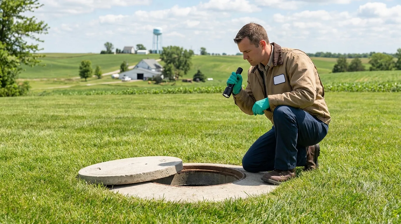 Technician inspecting a septic tank access port near Omaha