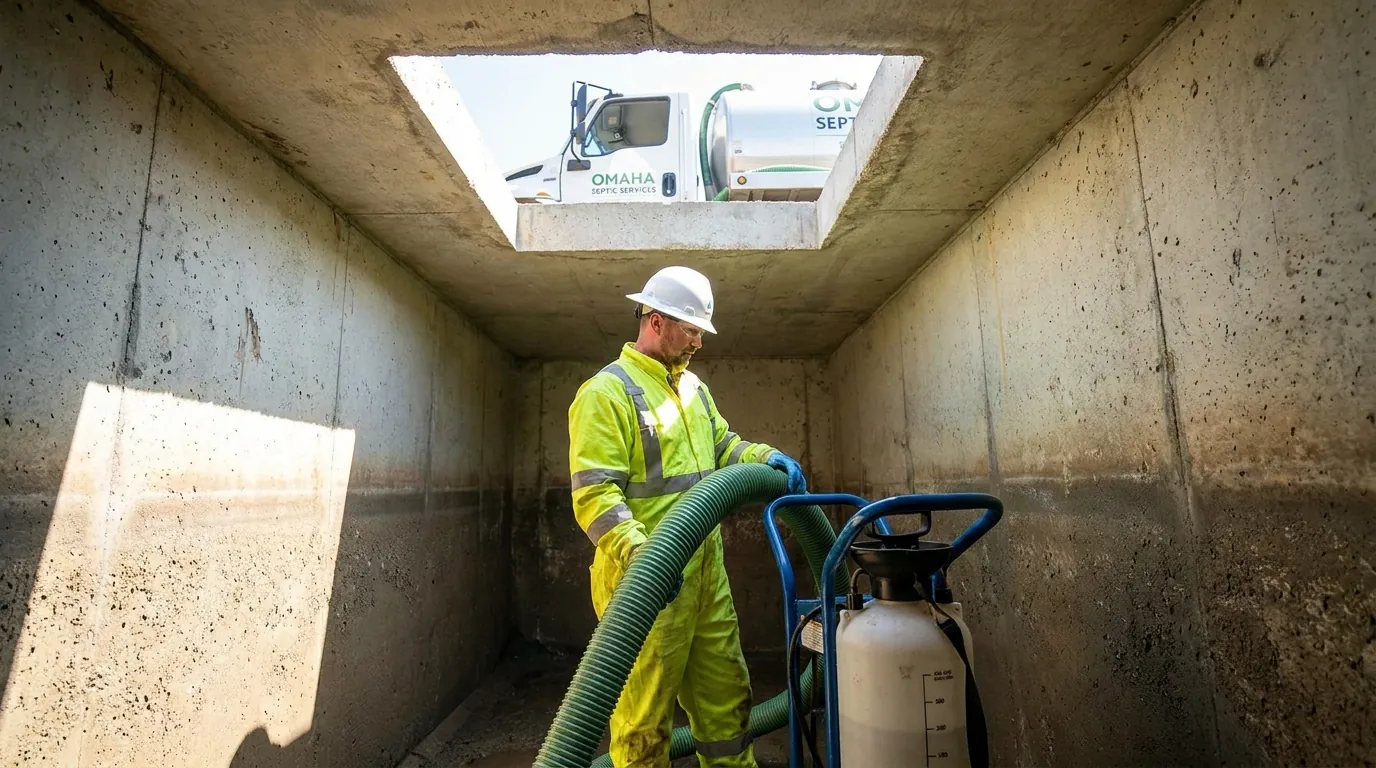 Interior of a septic tank being cleaned at an Omaha property